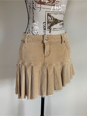Y2K dish denim tan corduroy low rise asymmetrical pleated mini skirt